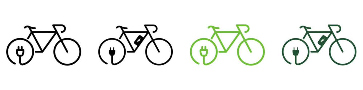 Green Energy Bike Line and Silhouette Icon Color Set. Ecological Electric Bicycle. Electricity Power Eco Bike with Charge Plug Symbol Collection on White Background. Isolated Vector Illustration