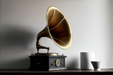 Vintage gramophone on the table in front of a white wall. Retro style concept. Modern interior with details. Minimalist. Generative AI