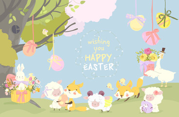 Cute Cartoon Animals celebrating Easter in Spring Forest