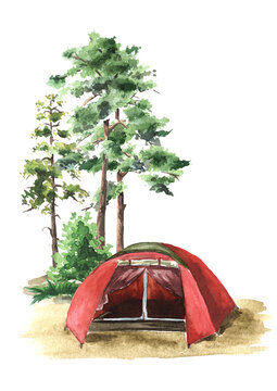 Hiking Tent in the forest. Camping  concept,  Hand drawn watercolor illustration isolated on white background