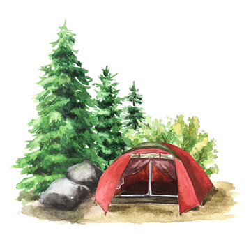 Hiking Tent in the forest. Camping concept,  Hand drawn watercolor illustration isolated on white background