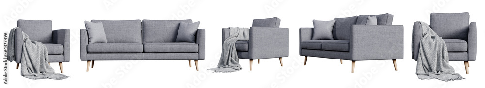 Poster set of gray armchair and sofa isolated on transparent background. 3d render.