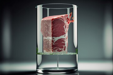 Meat in a glass, lab grown meat with copy space, vegan meat, generative ai art, ethical meat, real looking fake meat	 - obrazy, fototapety, plakaty