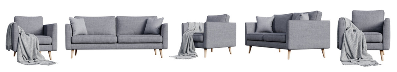 Set of gray armchair and sofa isolated on transparent background. 3D render. - obrazy, fototapety, plakaty