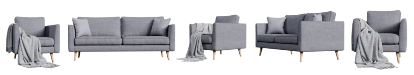 Foto op Plexiglas Set of gray armchair and sofa isolated on transparent background. 3D render. © schab