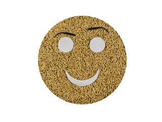emoticon with a flirtatious expression, raised eyebrows over the eyes. Face made with organic farm fresh oat grains. isolated on white background