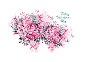 Two Valentine's day hearts with pink roses and leaves.