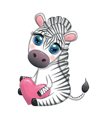 Cute zebra holds a heart in her hands. Valentine's day card