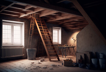 Construction site of remodeling, conversion of attic or loft in a house, generative AI