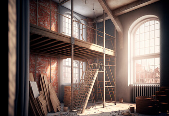 Construction site of remodeling, conversion of attic or loft in a house, generative AI