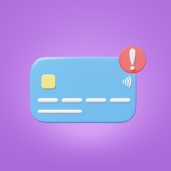 3D Credit card mockup with exclamation mark floating isolated on purple background. Notification credit limit approval. Online banking payment service. Cartoon icon minimal. 3d render. Clipping path.