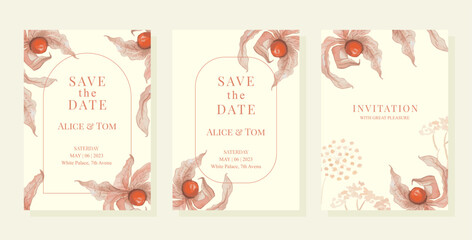 Naklejka premium Luxury wedding invitation card background with watercolor physalis and leaves. Abstract art background vector design for wedding and vip cover template.