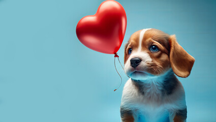 Cute puppy dog with a love heart balloon. Valentines day concept. Generative ai - obrazy, fototapety, plakaty