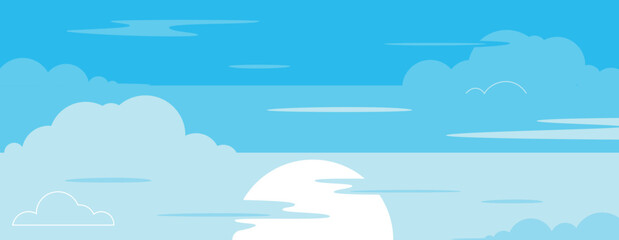 Blue sky with clouds. Sunny day sky scene cartoon vector illustration. Sky landscape background.