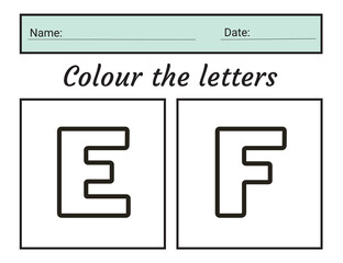 letter E - F coloring practice worksheet with all numbers for kids learning to count  Worksheet. illustration vector