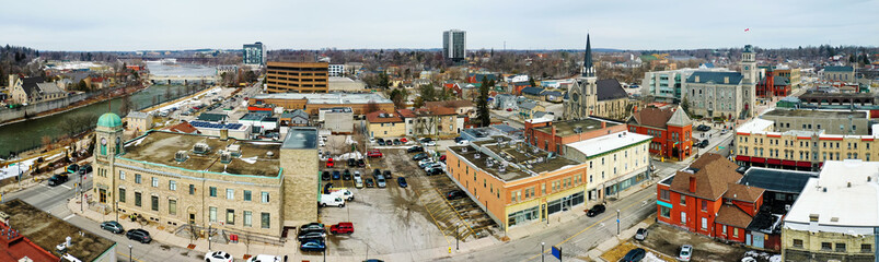 Fototapeta premium Aerial panorama of Cambridge, Canada in winter