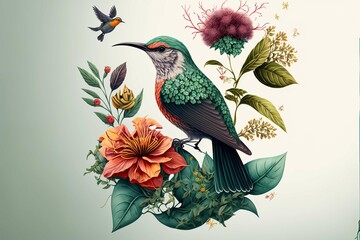 Vector illustrations pattern of flower, plant, leaves, bird, fantasy vintage ,for greeting card,Wedding invitations,Generative AI

