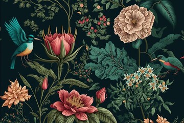 Vector illustrations pattern of flower, plant, leaves, bird, fantasy vintage ,for greeting card,Wedding invitations,Generative AI
