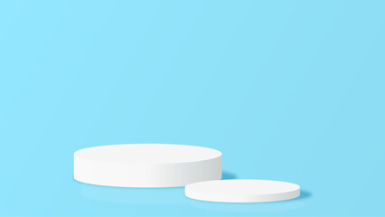 Blue 3D room with realistic cylinder pedestal podium. Minimal scene for product display presentation. Stage for showcase. Vector geometric design platform.
