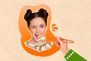 Creative abstract template graphics collage image of arm feeding lady asian sushi isolated drawing...