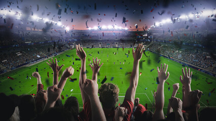 Establishing Shot of Fans Cheer for Their Team on a Stadium During Soccer Championship Final Match...