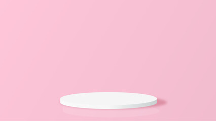 Pink 3D room with realistic cylinder pedestal podium. Minimal scene for product display presentation. Stage for showcase. Vector geometric design platform.
