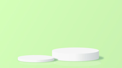 Green 3D room with realistic cylinder pedestal podium. Minimal scene for product display presentation. Stage for showcase. Vector geometric design platform.
