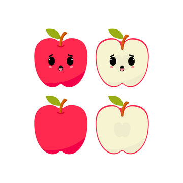 Grieving red apple with kawaii emoji. Flat design vector illustration of red apple on white background.
