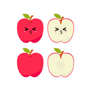 Kissing red apple with kawaii emoji. Flat design vector illustration of red apple on white background.