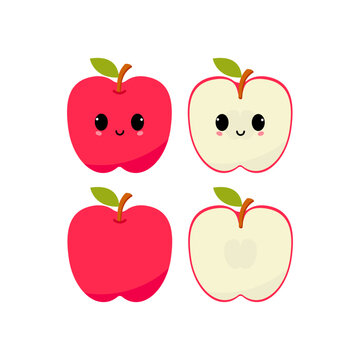 Smiling red apple with kawaii emoji. Flat design vector illustration of red apple on white background.