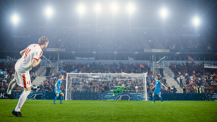 Football Championship: White Team Forward Hits the Ball and Scores Perfect Goal. Goalkeeper Jumps and Fails to Catch, Protect Goals. Crowd of Fans Cheers. Beautiful Cinematic Edit.