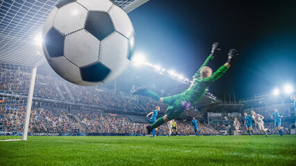 Football Championship: White Team Forward Hits the Ball and Scores Perfect Goal. Goalkeeper Jumps, Fails to Catch, Protect Goals. Happy Crowd of Fans Cheers. Beautiful Cinematic Edit.
