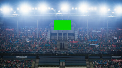 Stadium Championship Match: Scoreboard Green Chroma Key Screen. Crowd of Fans Cheering, Having Fun. Sport Channel Television Advertising Mock-Up. Content for Digital Devices Display Concept.