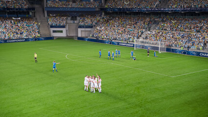 Soccer Football Championship Stadium with Crowd of Fans: White Team Attacks, Scores Goal, Players...