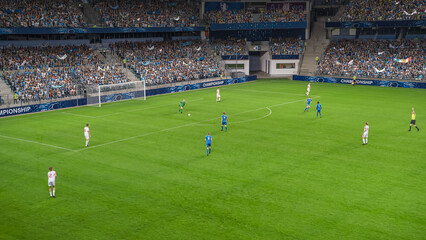 Soccer Football Championship Stadium with Crowd of Fans: Team Players Attacks, Miss Gates, Goalkeeper Kicks The Ball, Continues Game. International Tournament Cup. Sports Channel Broadcast Television.