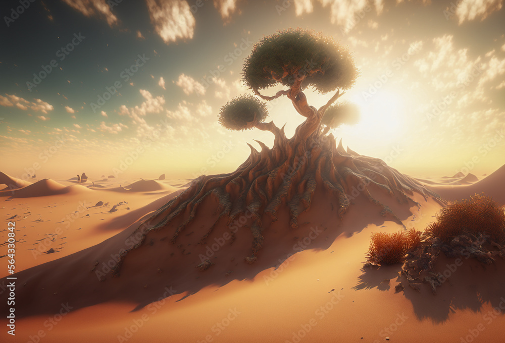Poster lonely tree in desert in sunset. created with generative ai technology.