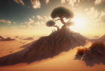 Naklejka premium Lonely tree in desert in sunset. Created with Generative AI technology.