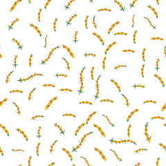 Sea buckthorn seamless pattern. Twigs with berries and leaves. Template with orange fresh berries for wallpaper