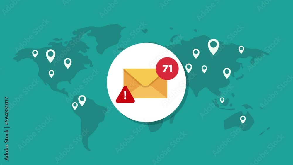 Poster too many e-mails and spam alert concept motion animation. world map and pointers animation flat desi