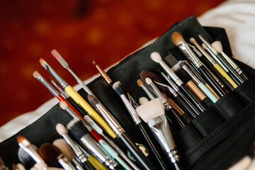 Fototapeta premium makeup artist's brushes in a case close-up