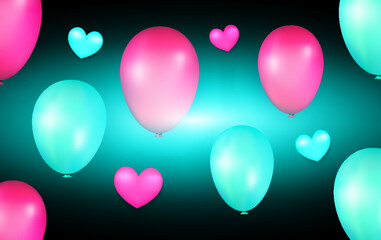 Pink and cyan balloons with colorfull background premium vector
