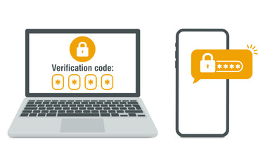 Two steps authentication. Verification push code message on smartphone. Notice with code for secure login or sign in. Two factor verification via laptop and phone. Vector illustration