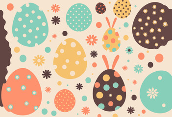 Pattern Of Easter Symbols, Rabbits, Painted Eggs, Flowers. Vector Illustration