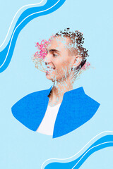 Composite collage photo of young optimistic satisfied cheerful man wear painted blue shirt smiling...