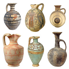 Set of ancient terracotta jugs and jars isolated