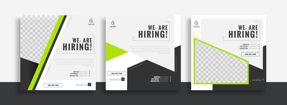 We are hiring job vacancy social media post banner design template with green and black color. We are hiring job vacancy square web banner design.