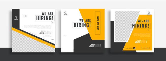 We are hiring job vacancy social media post banner design template with yellow color. We are hiring job vacancy square web banner design.
