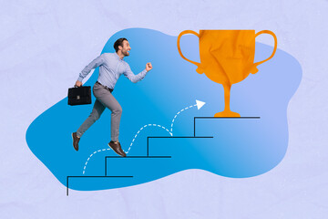 Photo artwork graphic collage photo of young office worker fast climbing stairs man reach get prize...