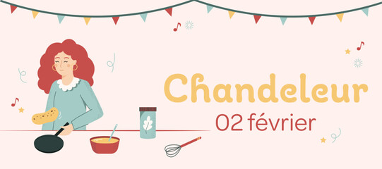 Bannière illustrée pour la chandeleur. Illustration vectorielle festive avec une femme qui cuisine des crêpes.