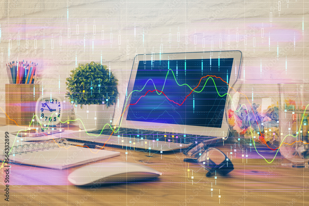 Poster multi exposure of forex graph and work space with computer. concept of international online trading.